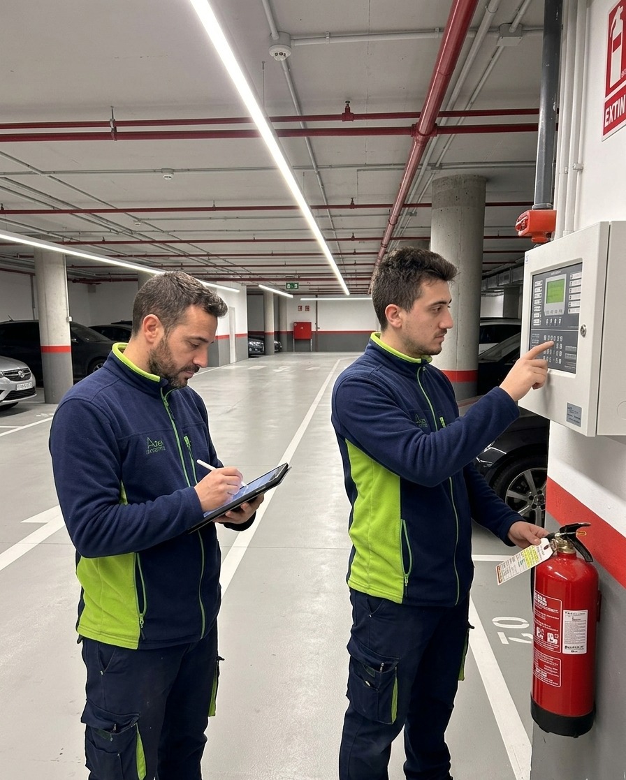 Técnico inspeccionando central de incendios